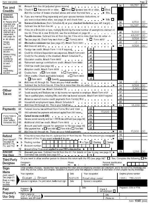 Page 2 of Form 1040 for Susan J. Brown