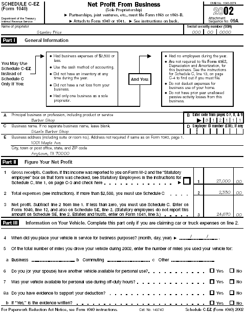 Page 1 of Schedule C-EZ (Form 1040) for Stanley Price